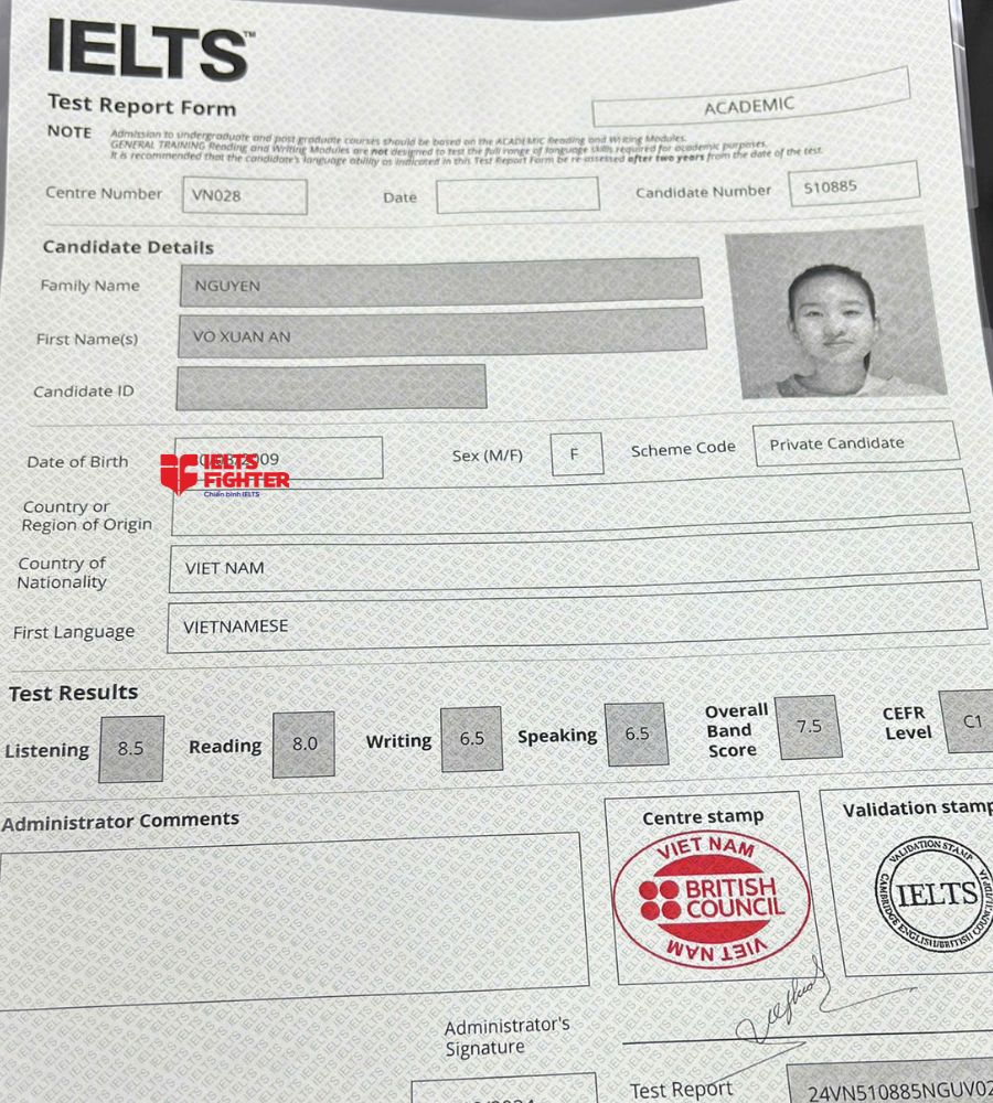 Chứng chỉ bNguyễn Võ Xuân An 7.5 IELTS