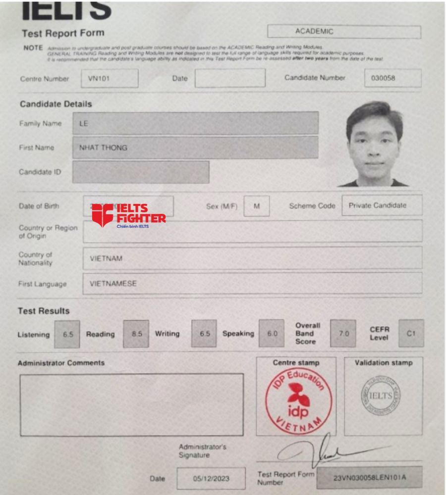 bảng điểm Lê Nhất Thống 7.0 IELTS 