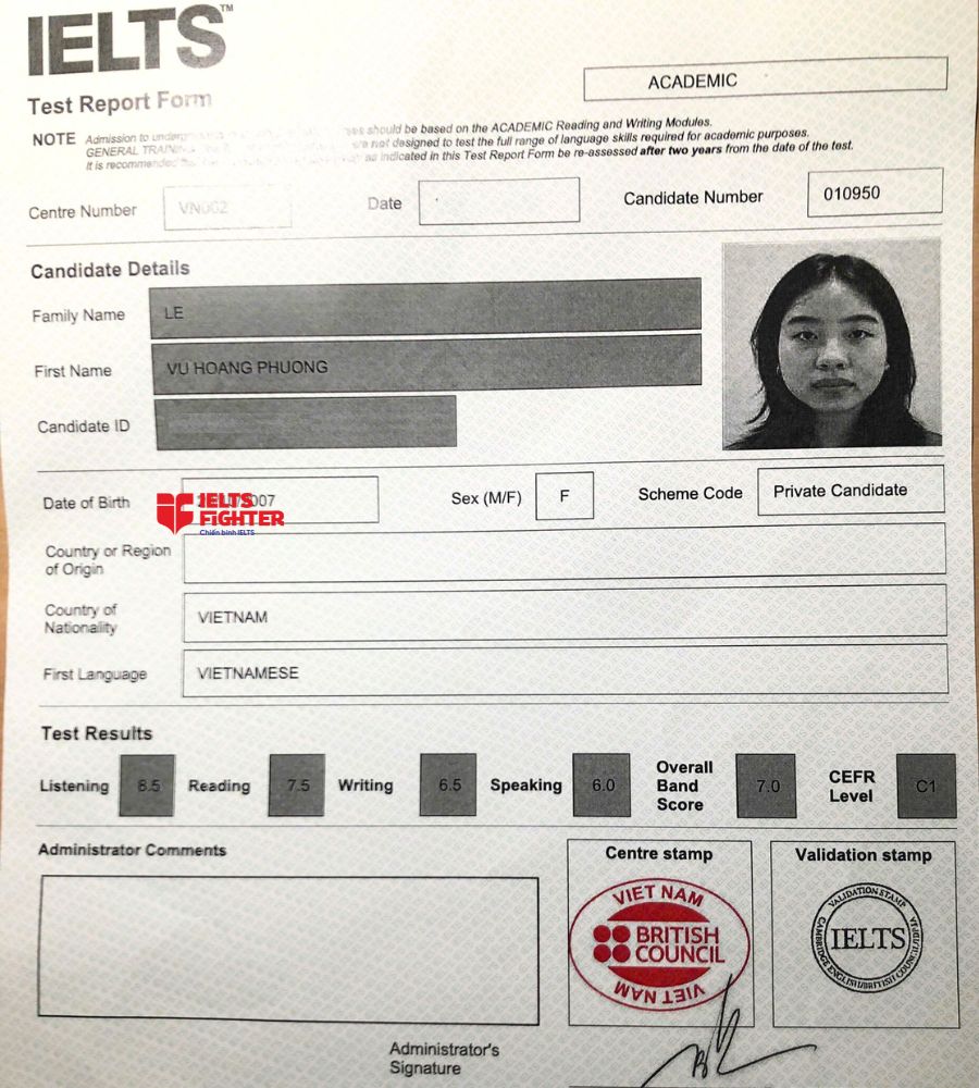 Chứng chỉ Lê Vũ Hoàng Phương  7.5 IELTS
