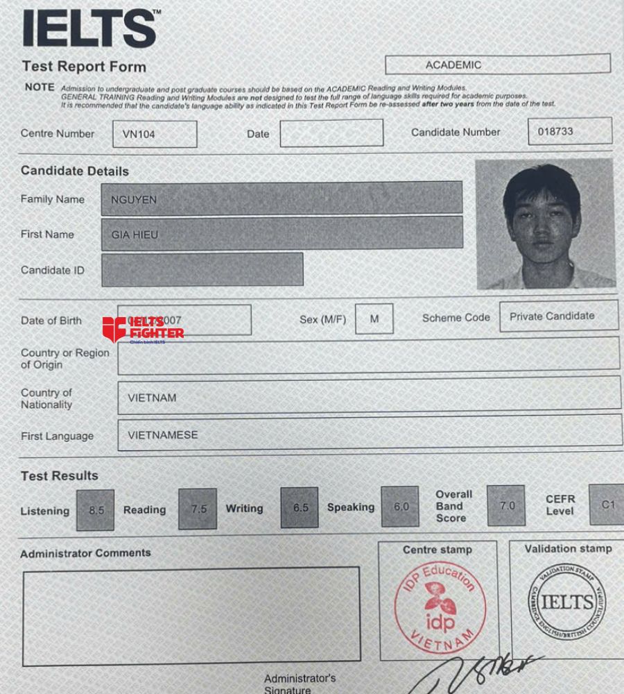 Chứng chỉ Nguyễn Gia Hiếu 7.0 IELTS