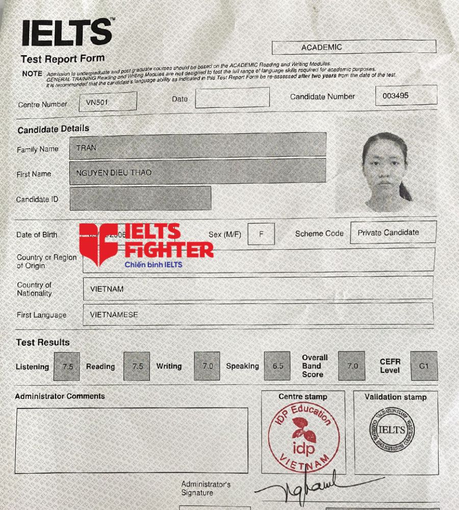 bảng điểm diệu thảo 7.0 IELTS