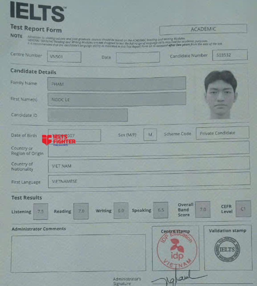Chứng chỉ Phạm Ngọc Lễ 7.0 IELTS
