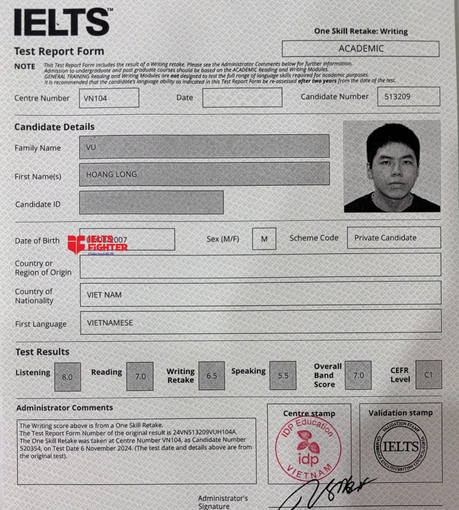 Chứng chỉ Vũ Hoàng Long  7.0 IELTS