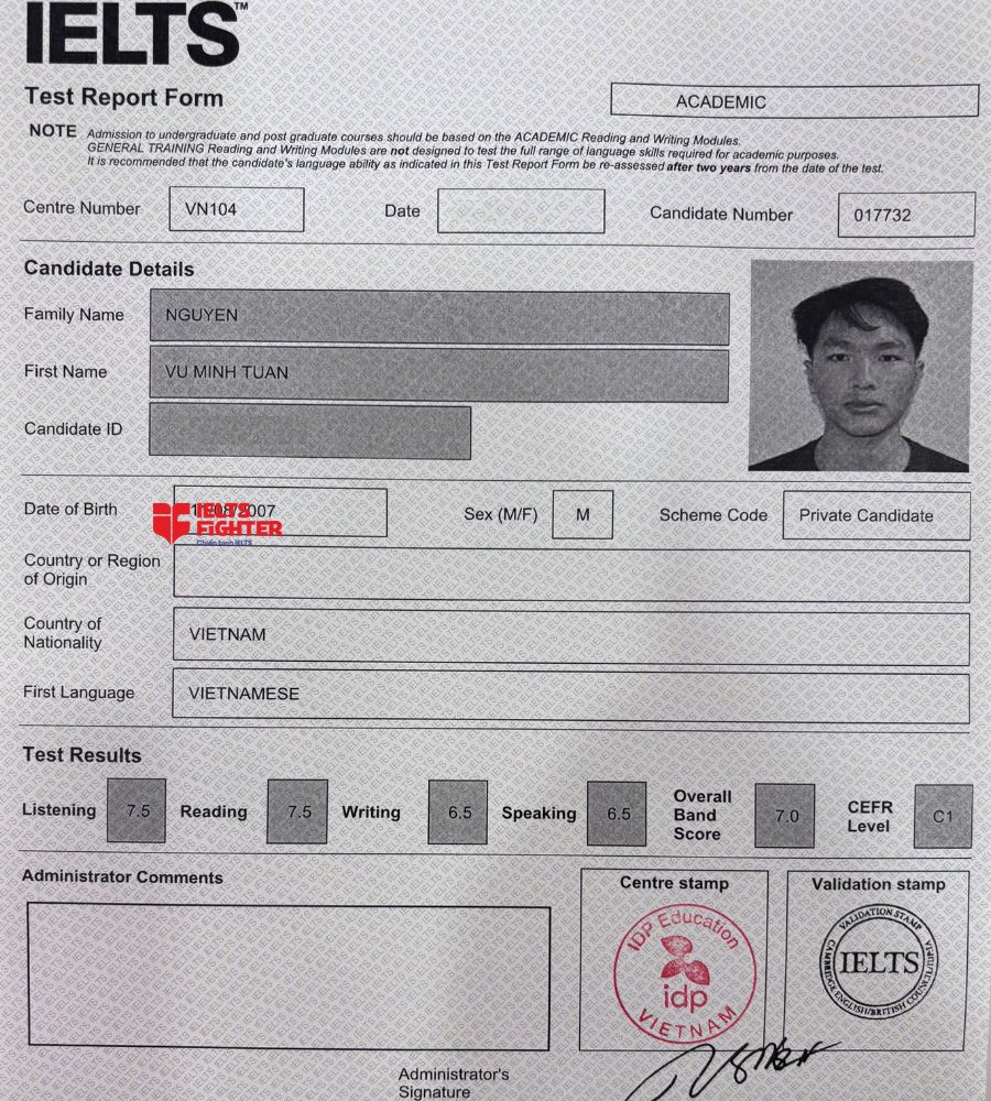 Chứng chỉ Nguyễn Vũ Minh Tuấn 7.0 IELTS