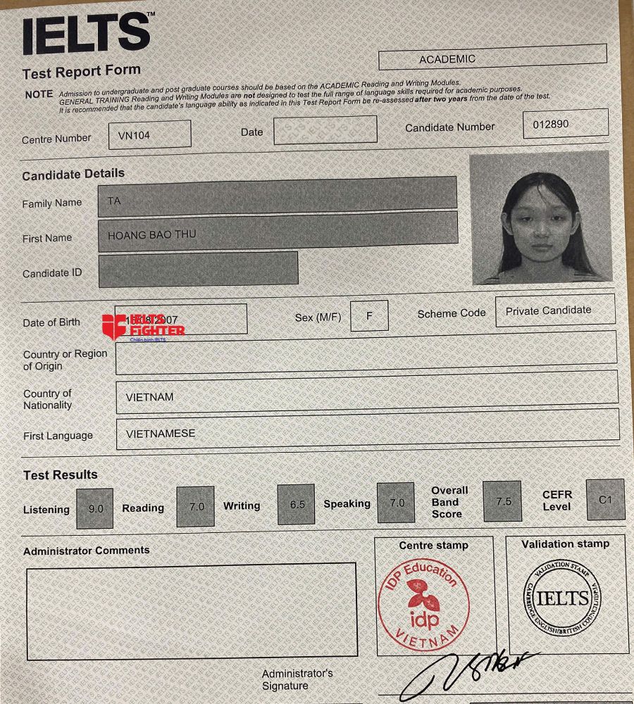 Chứng chỉ Tạ Hoàng Bảo Thư  7.5 IELTS