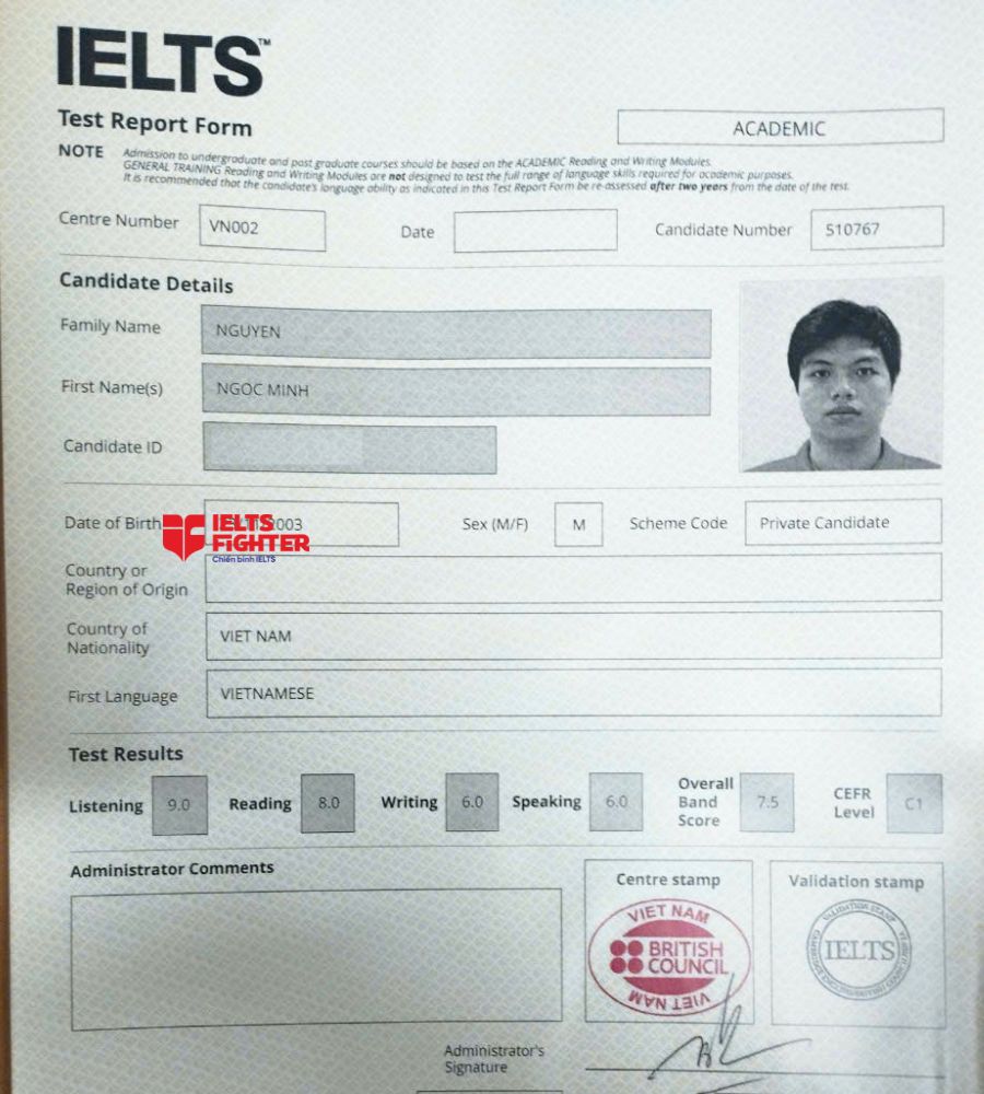 Chứng chỉ Nguyễn Ngọc Minh  7.5 IELTS