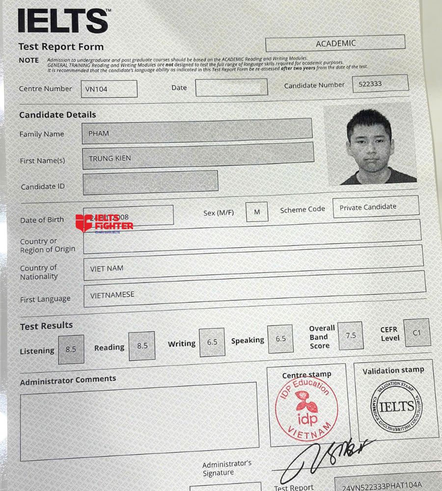 Chứng chỉ Phạm Trung Kiên 7.5 IELTS