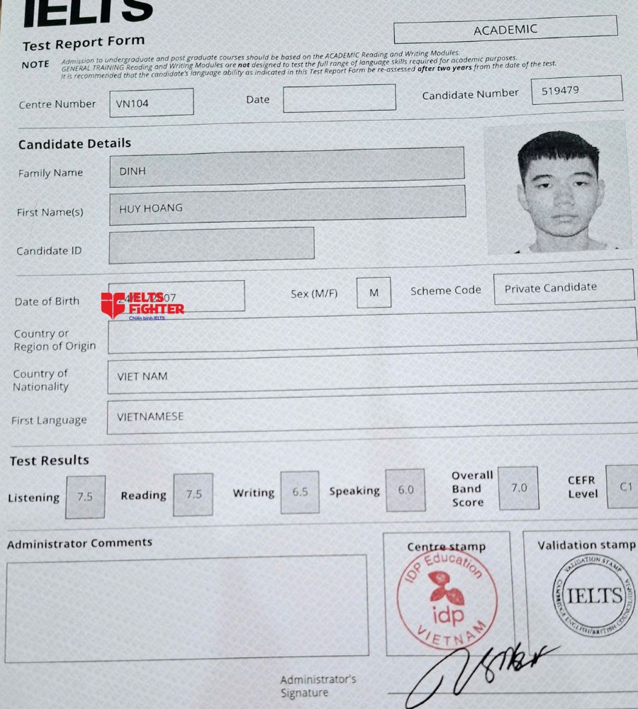 Chứng chỉ Đinh Duy Hoàng  7.0 IELTS