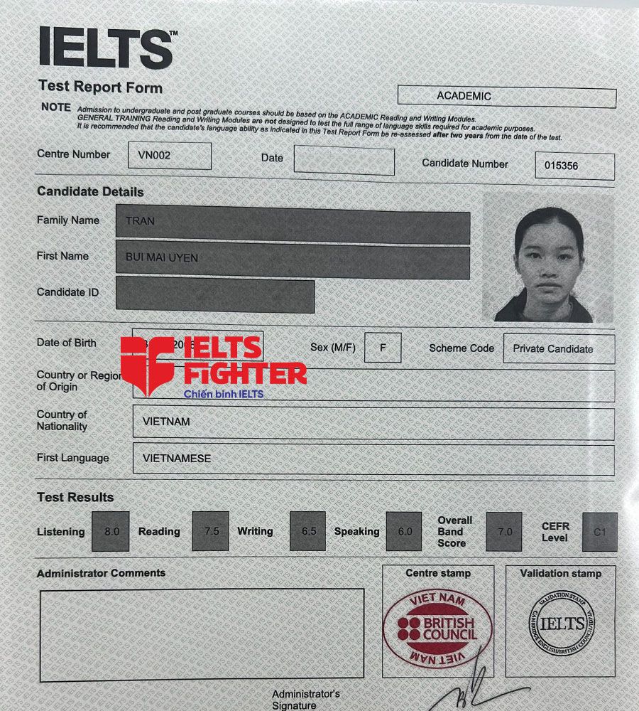 bảng điểm Kh&aacute;nh Thư 7.0 IELTS