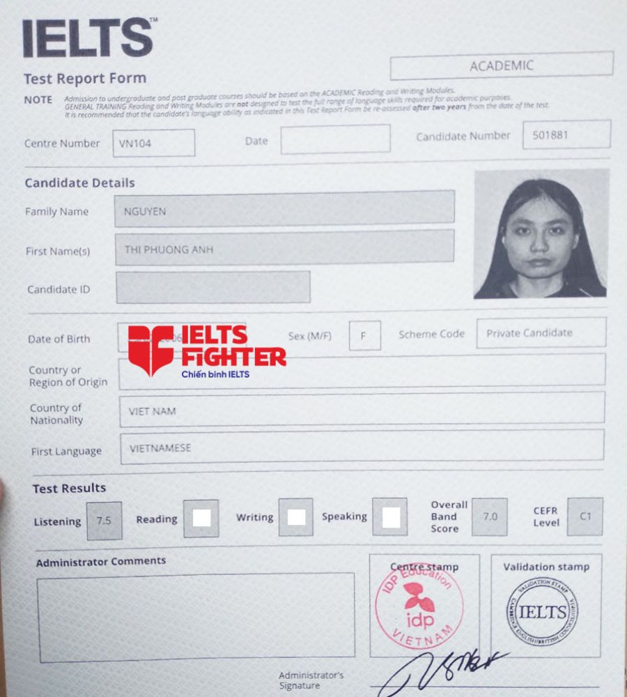 bảng điểm Phương Anh 7.0 IELTS