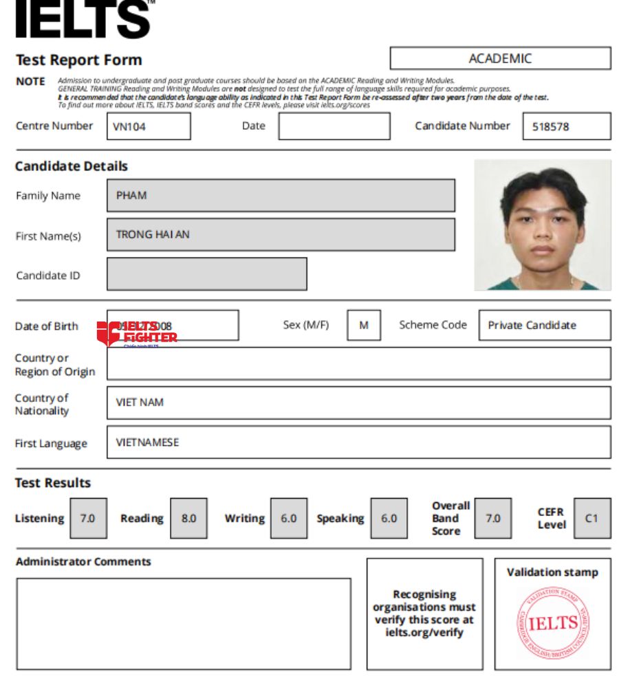 Chứng chỉ Phạm Trọng Hải An  7.0 IELTS