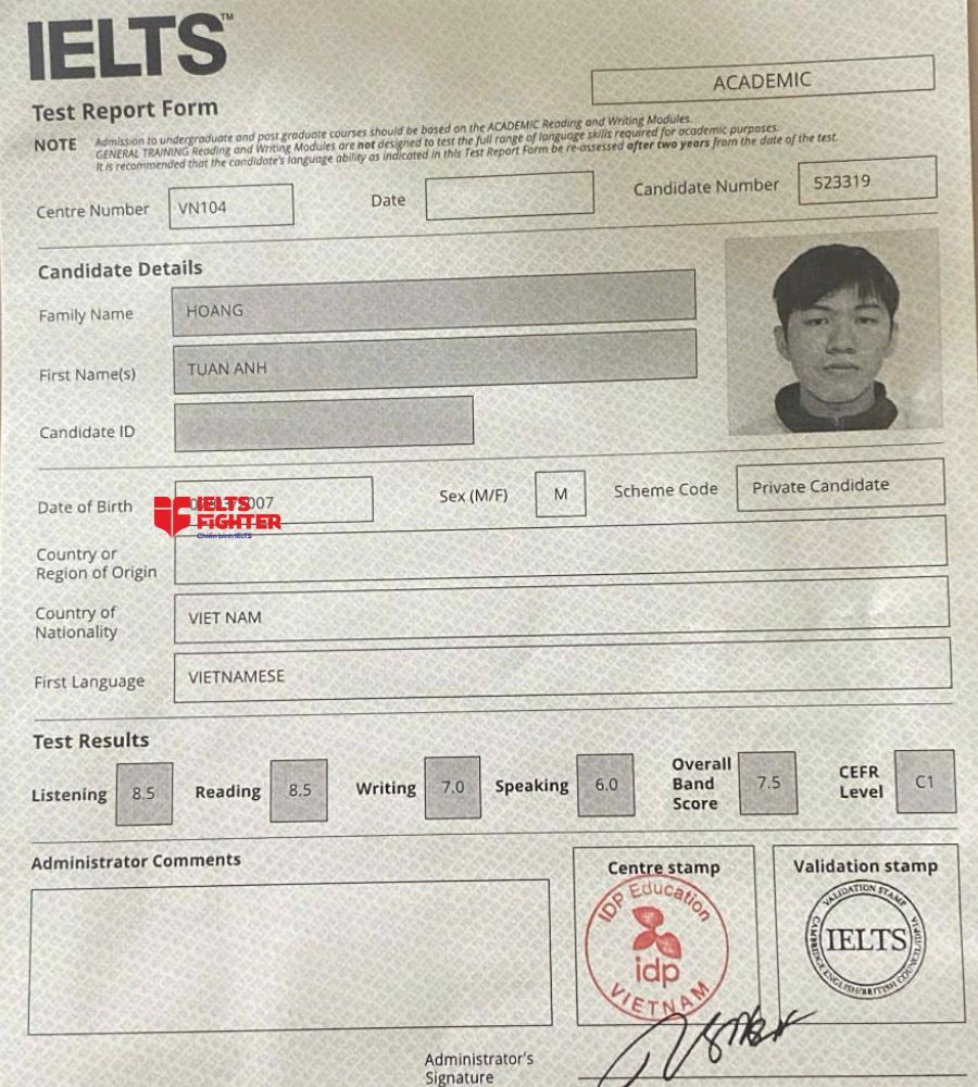 Chứng chỉ Ho&agrave;ng Tuấn Anh 7.5 IELTS