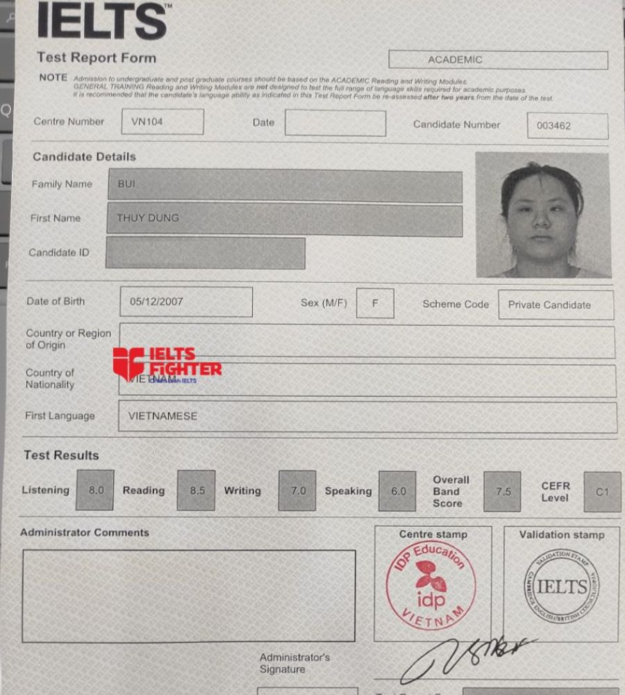 bảng điểm Thuỳ Dung 7.5 IELTS