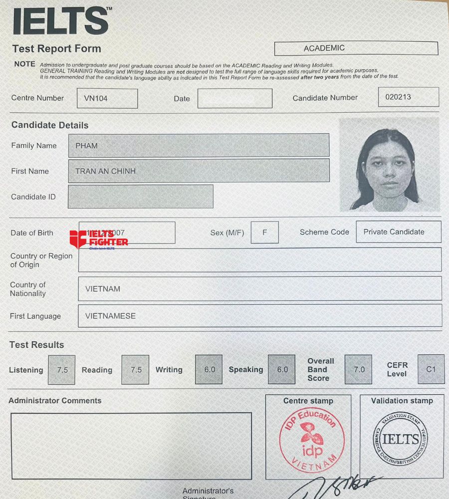 Chứng chỉ Phạm Trần An Chinh 7.0 IELTS