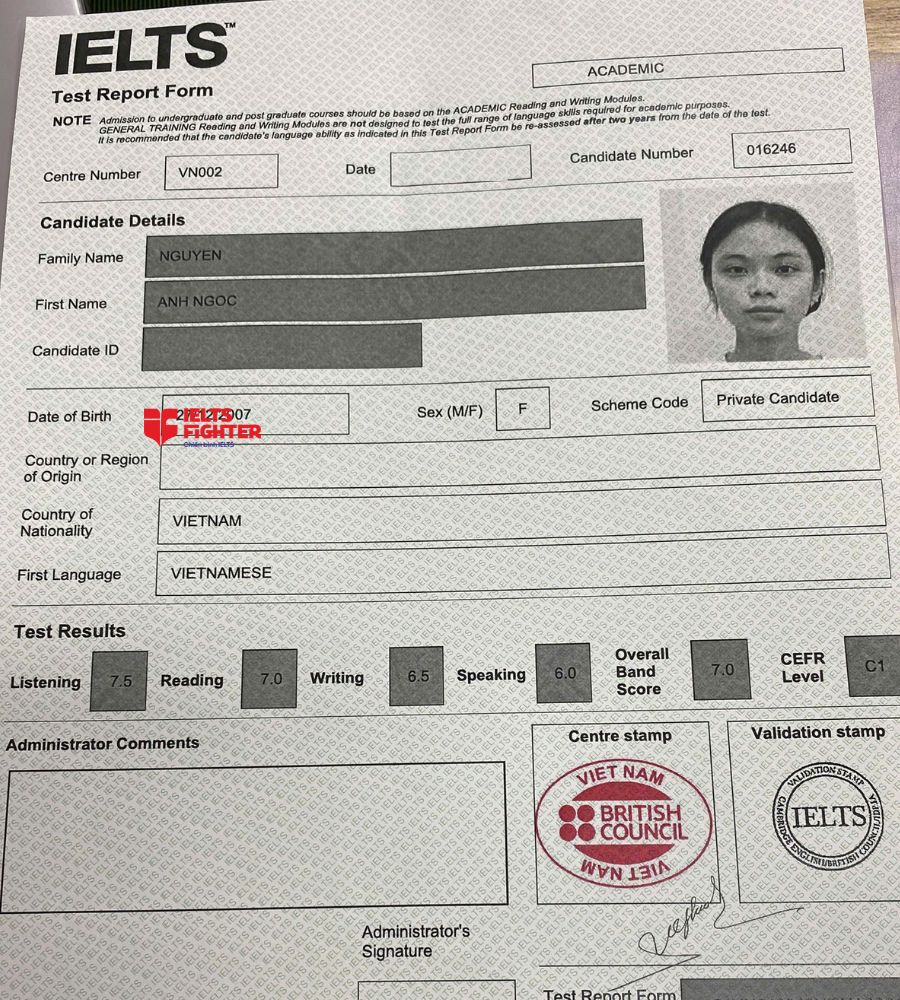 Chứng chỉ Nguyễn &Aacute;nh Ngọc 7.0 IELTS