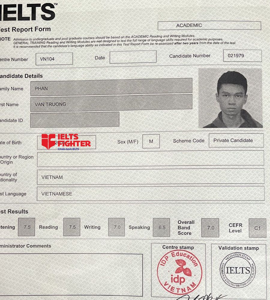 bảng điểm văn trường 7.0 IELTS