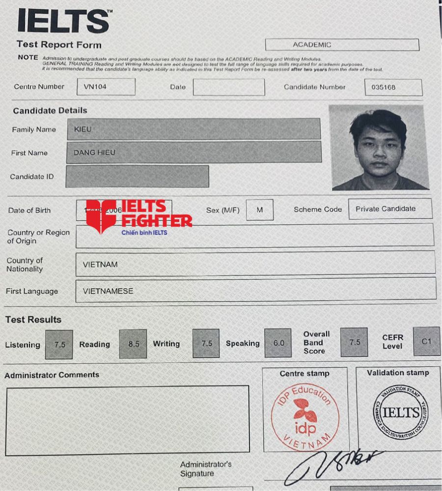 bảng điểm Đình Hiếu 7.0 IELTS