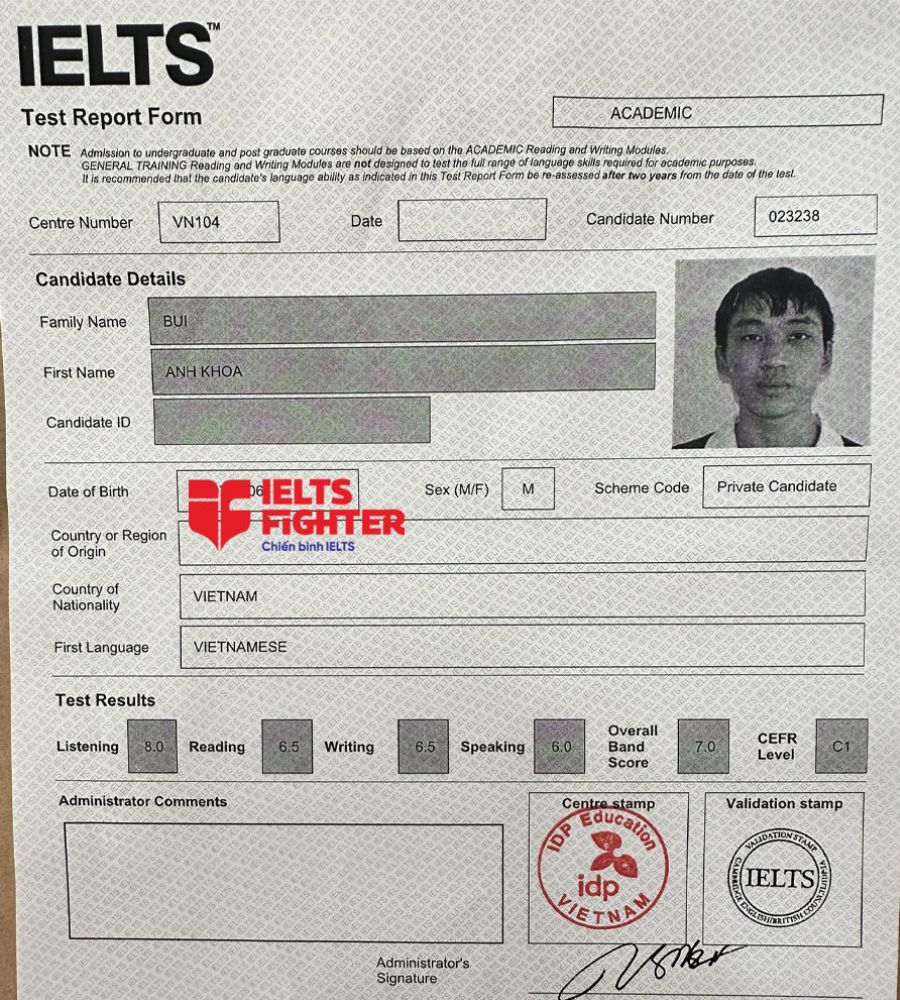 bảng điểm Anh khoa 7.0 IELTS