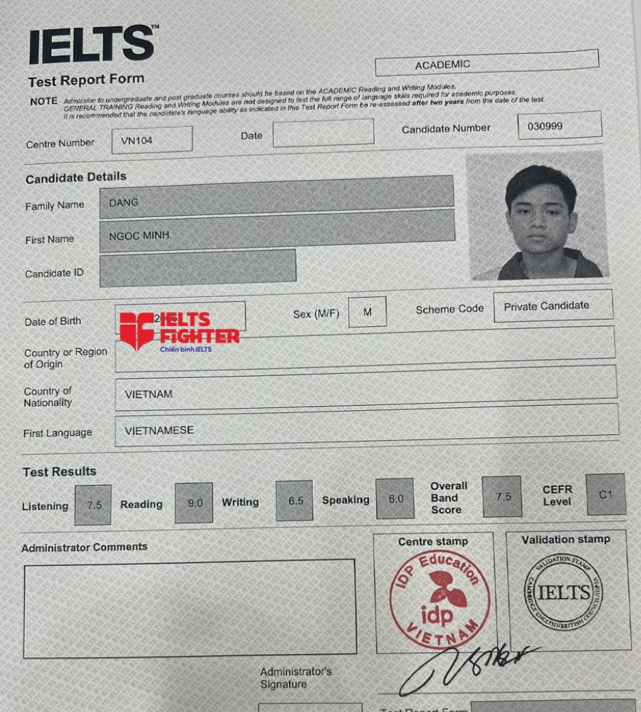 bảng điểm Ngọc minh 7.5 IELTS