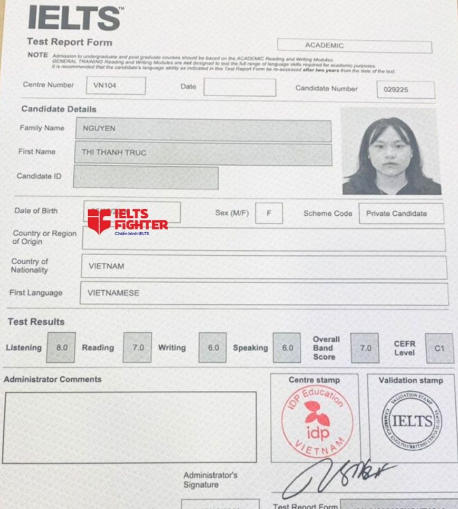 bảng điểm thanh trúc 7.0 IELTS