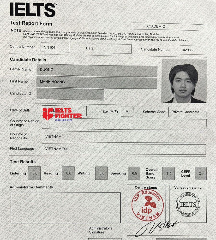 bảng điểm mạnh ho&agrave;ng 7.0 ielts