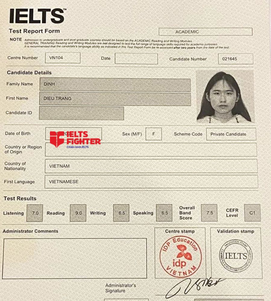 bảng điểm diệu trang 7.5 IELTS