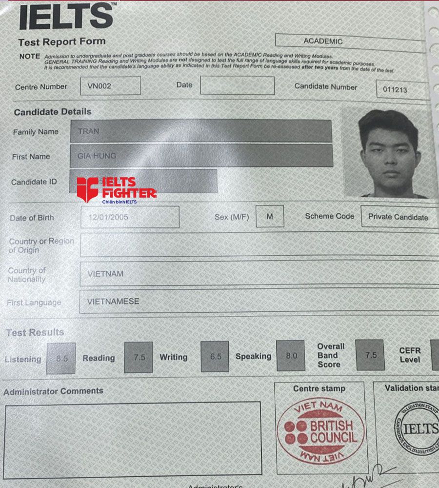 bảng điểm gia hưng 7.0 ielts