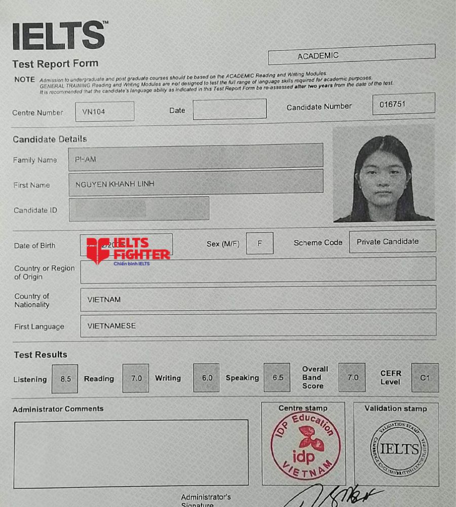 bảng điểm Phạm nguyễn kh&aacute;nh linh 7.0 ielts