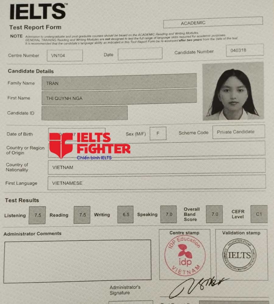 bảng điểm Quỳnh Nga 7.0 IELTS