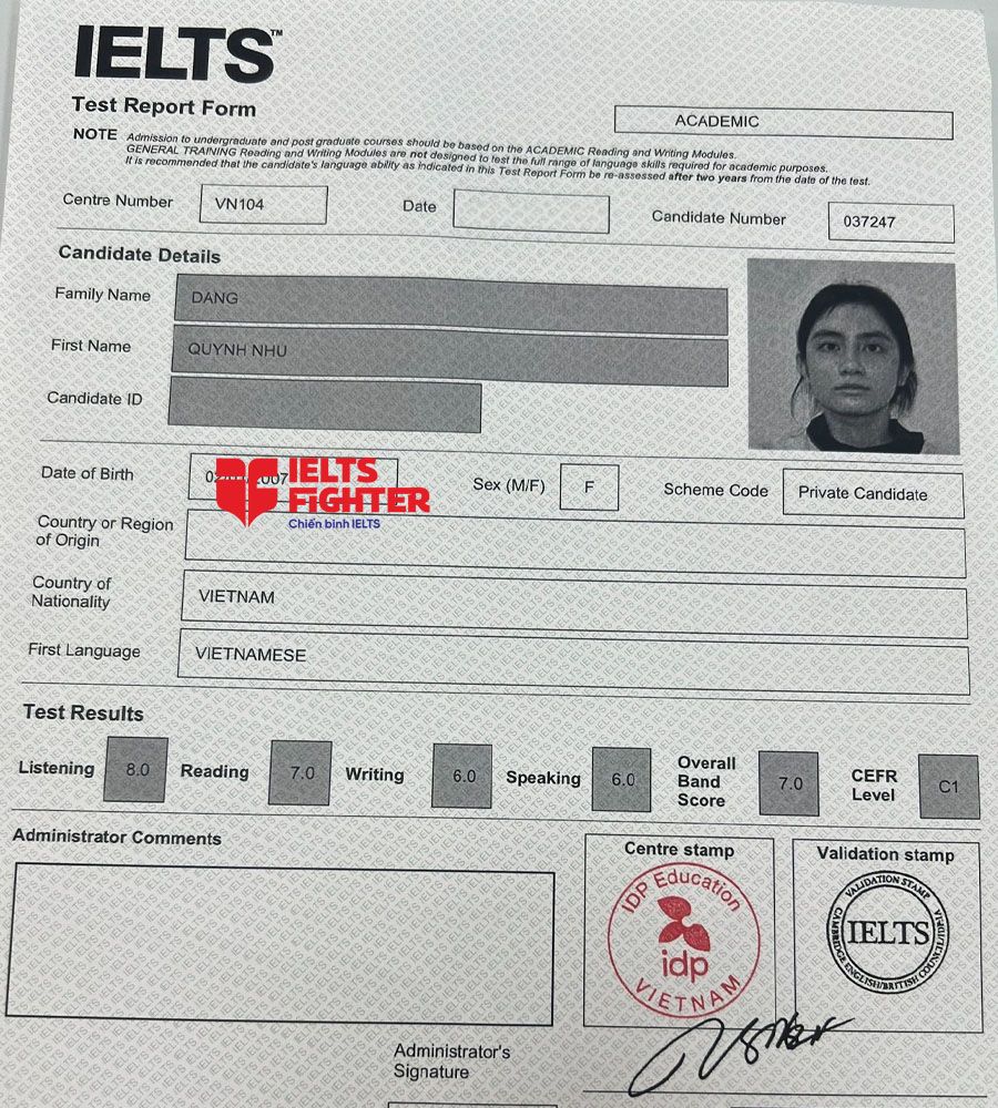 bảng điểm Quỳnh Như 7.0 IELTS
