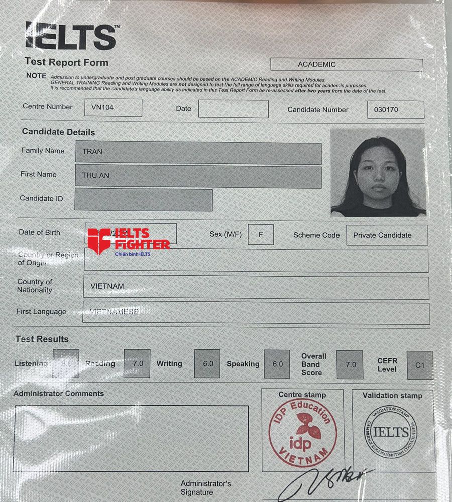 bảng điểm thu an 7.0 ielts