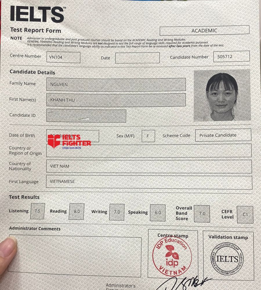 bảng điểm Khánh Thư 7.0 IELTS
