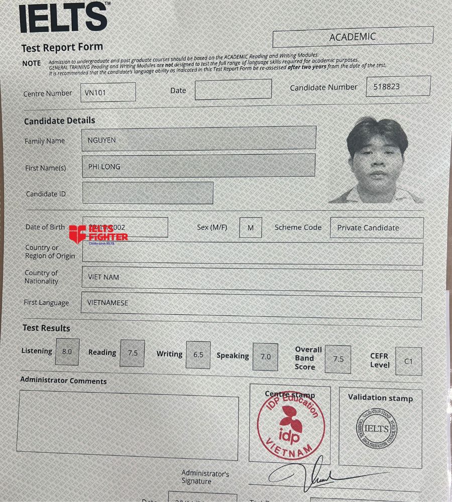 Chứng chỉ Nguyễn Phi Long 7.5 IELTS