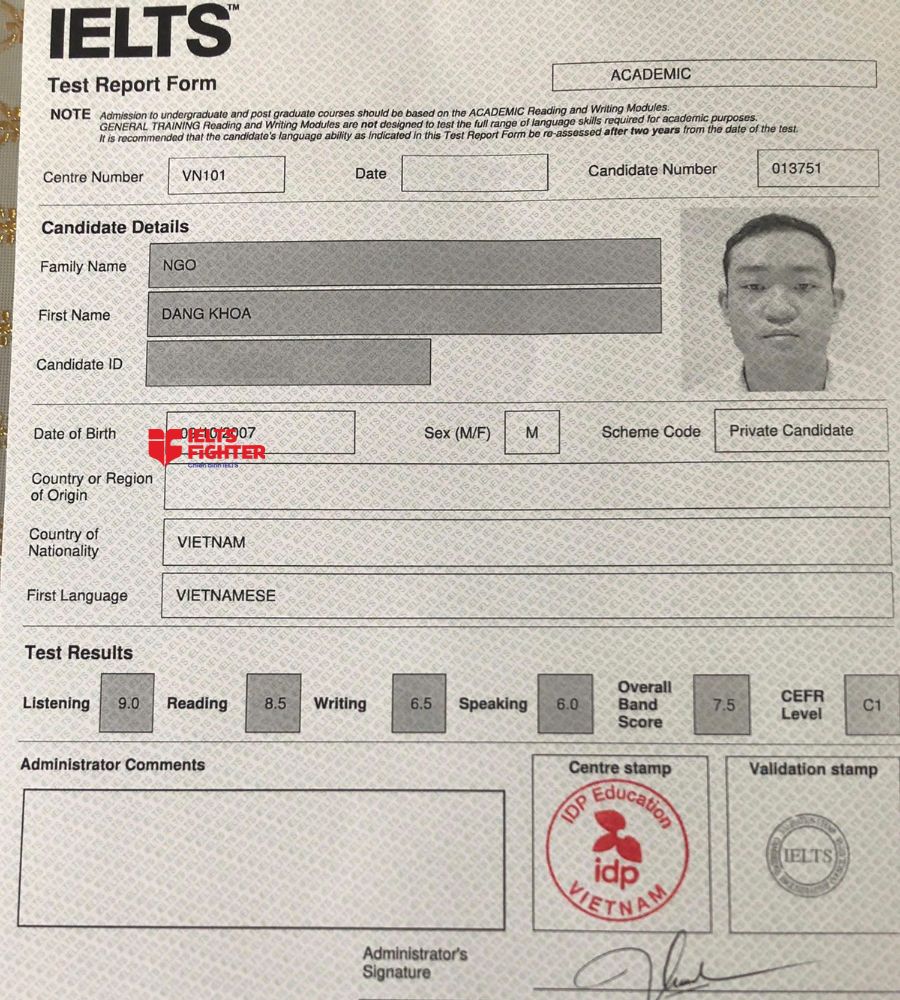 Chứng chỉ Ng&ocirc; Đăng Khoa  7.5 IELTS