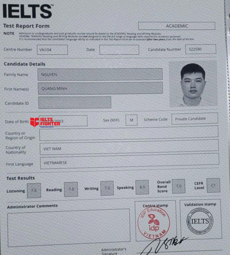Chứng chỉ Nguyễn Quang Minh  7.0 IELTS