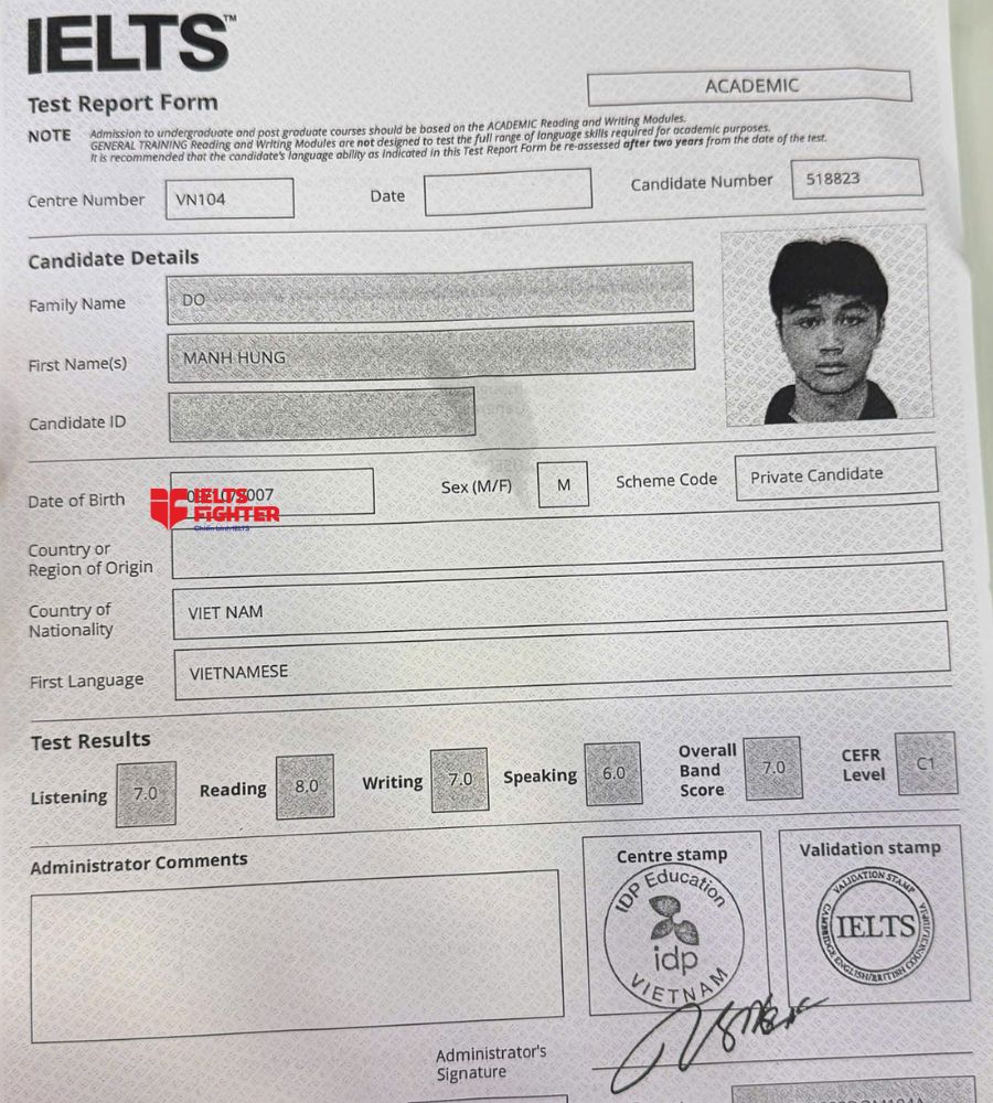 Chứng chỉ Đỗ Mạnh H&ugrave;ng  7.0 IELTS