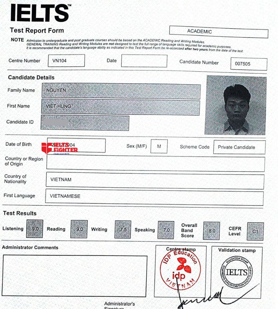 Chứng chỉ Nguyễn Việt H&ugrave;ng 8.0 IELTS