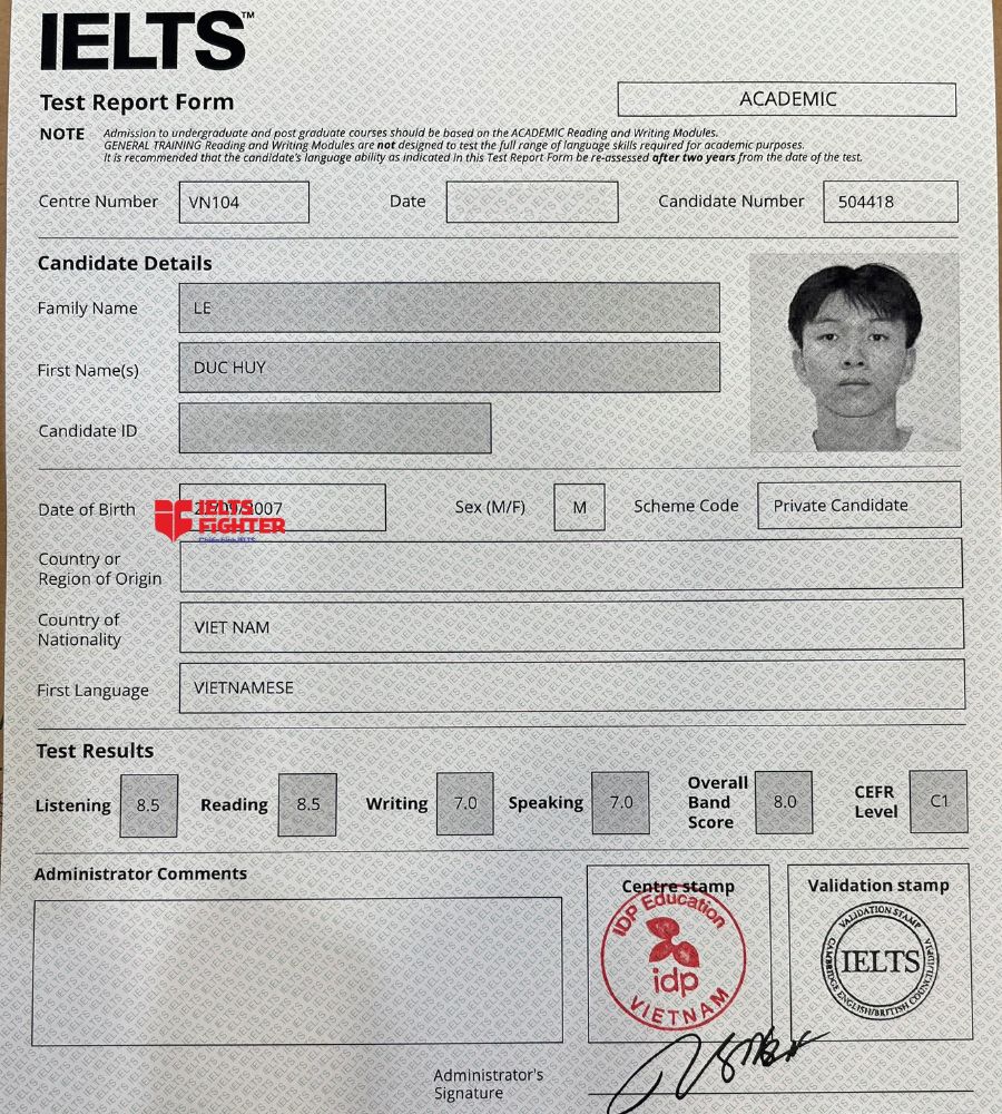 Chứng chỉ L&ecirc; Đức Huy&nbsp;8.0 IELTS