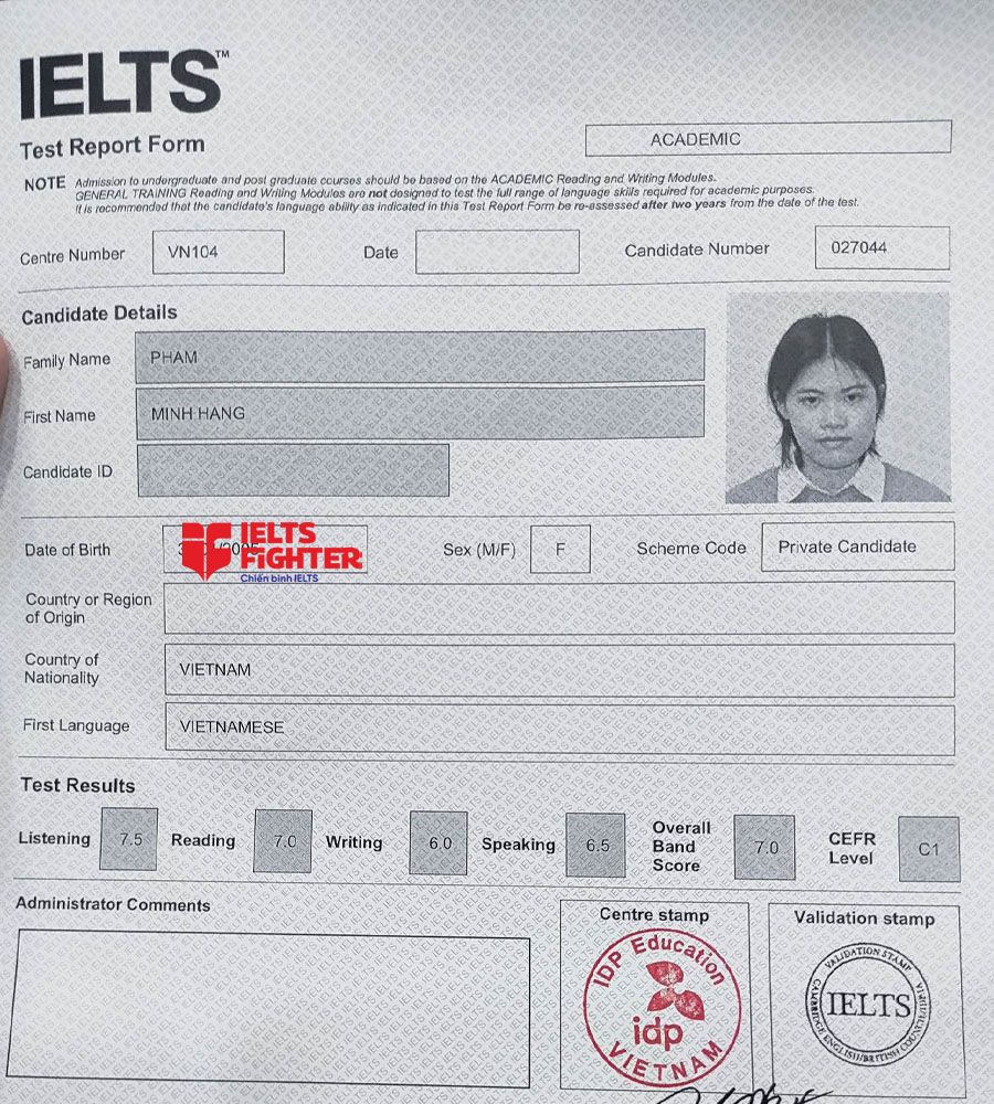bảng điểm Minh hằng 7.0 ielts
