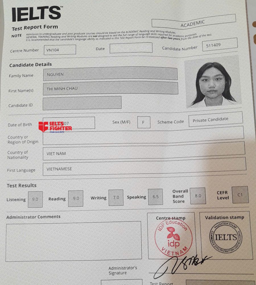Chứng chỉ Nguyễn Thị Minh Ch&acirc;u&nbsp;&nbsp;8.0 IELTS