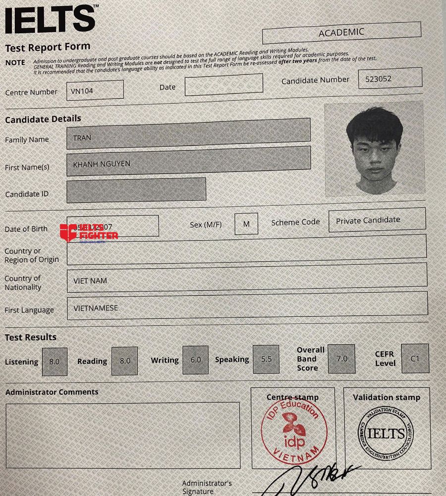 Chứng chỉ Trần Kh&aacute;nh Nguy&ecirc;n 7.0 IELTS