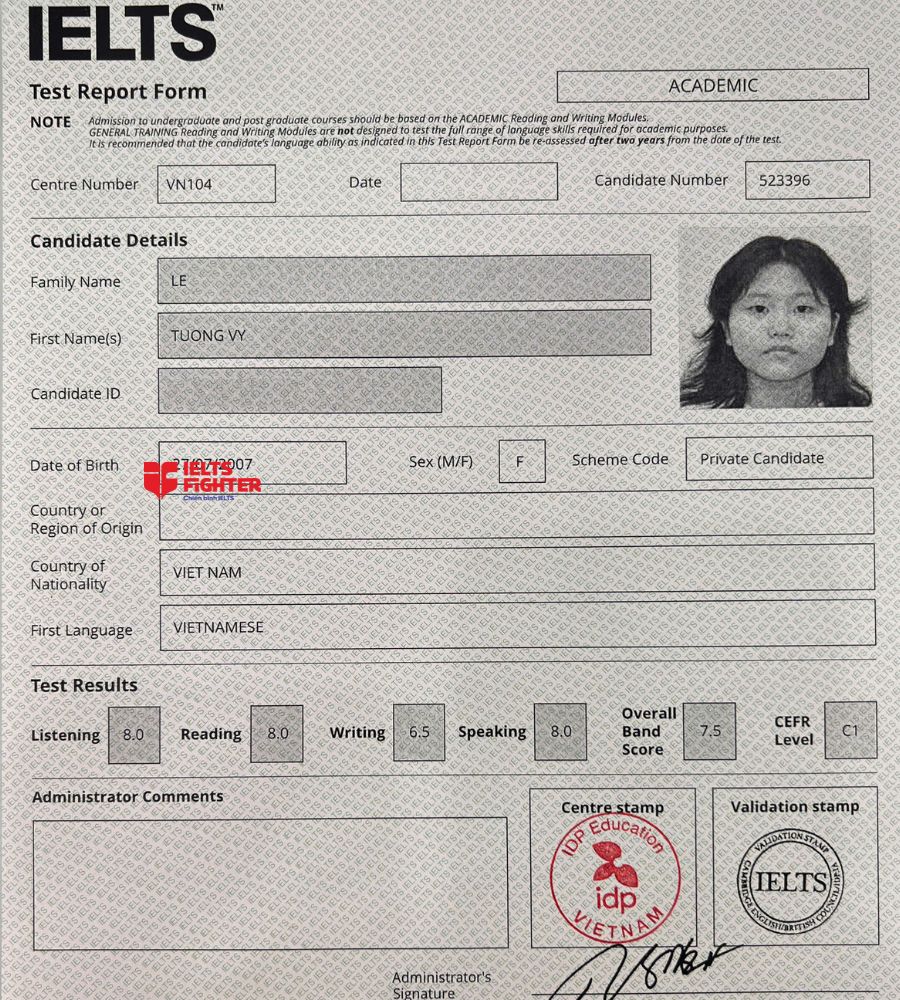 Chứng chỉ L&ecirc; Tường Vy  7.5 IELTS