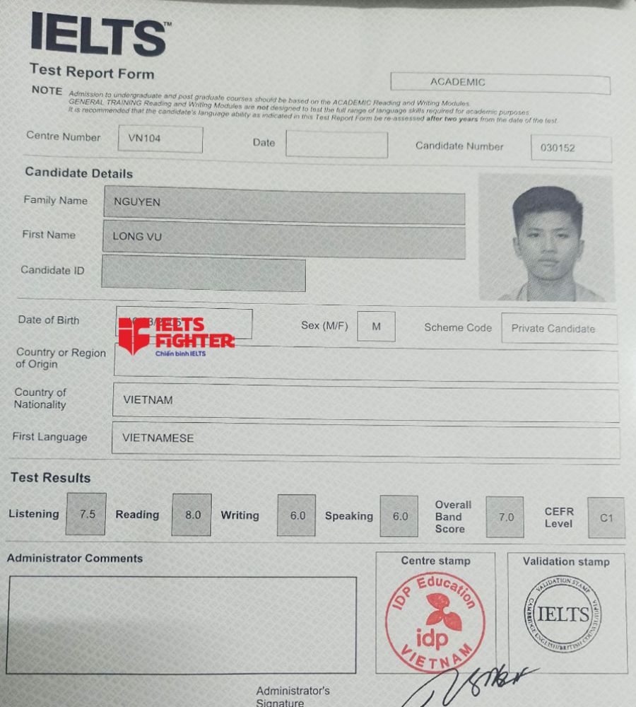 bảng điểm long vũ 7.0 ielts