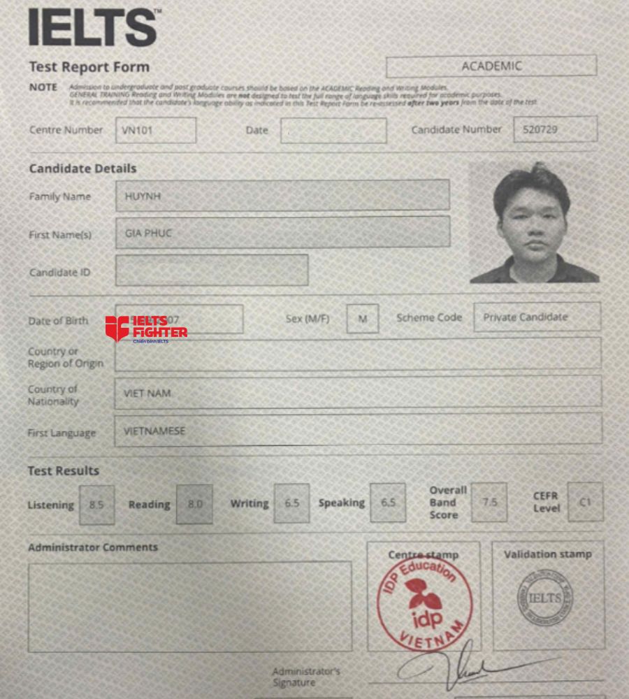 Chứng chỉ Huỳnh Gia Phúc 7.5 IELTS