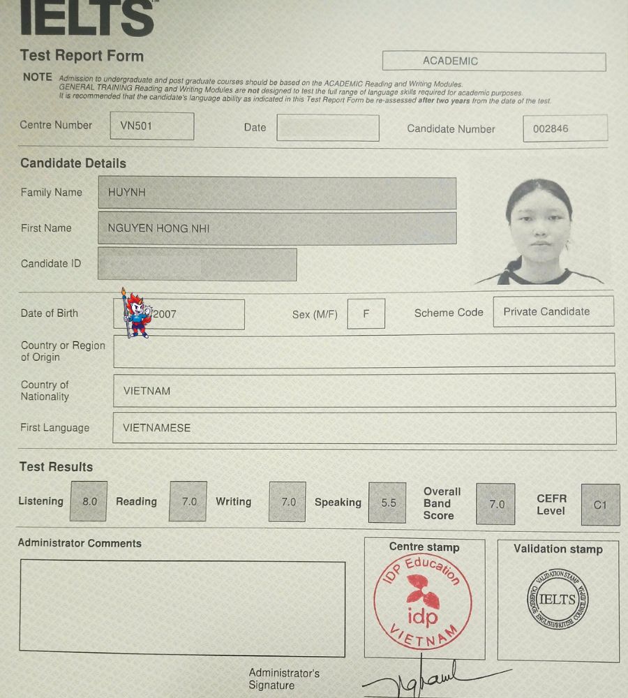 Chứng chỉ Huỳnh Nguyễn Hồng Nhi 7.0 IELTS