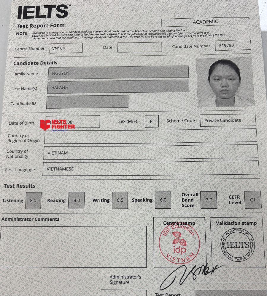 Chứng chỉ Nguyễn Hải Anh 7.0 IELTS