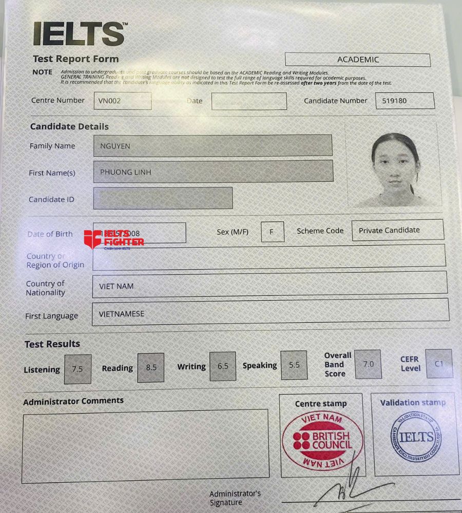 Chứng chỉ Nguyễn Phương Linh 7.0 IELTS
