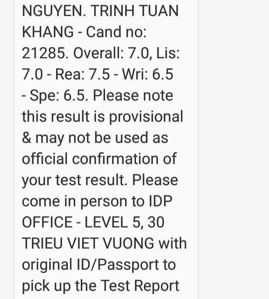 bảng điểm tuấn khang 7.5 IELTS