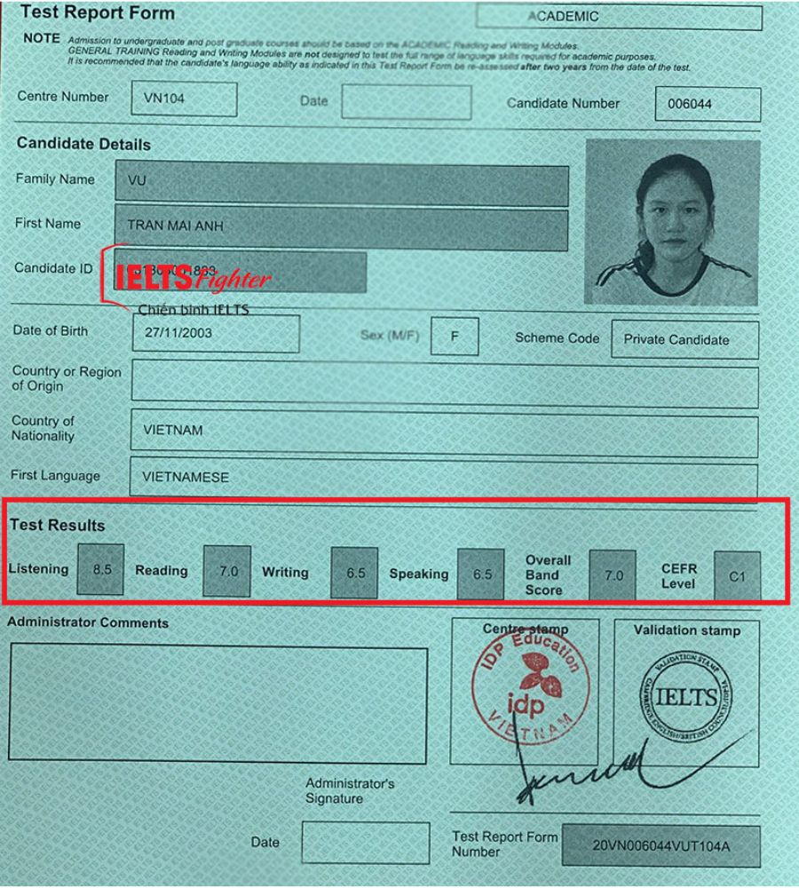 Chứng chỉ Vũ Trần Mai Anh 7.0 IELTS