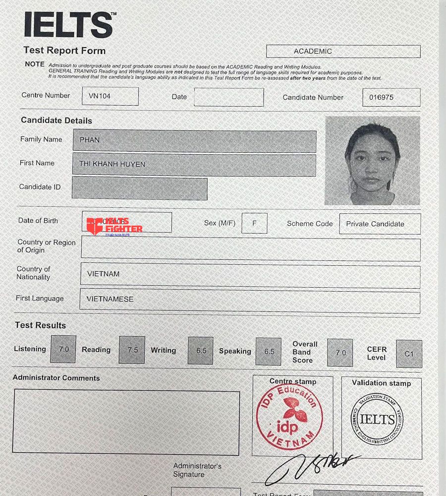 bảng điểm Kh&aacute;nh Huyền 7.0 IELTS